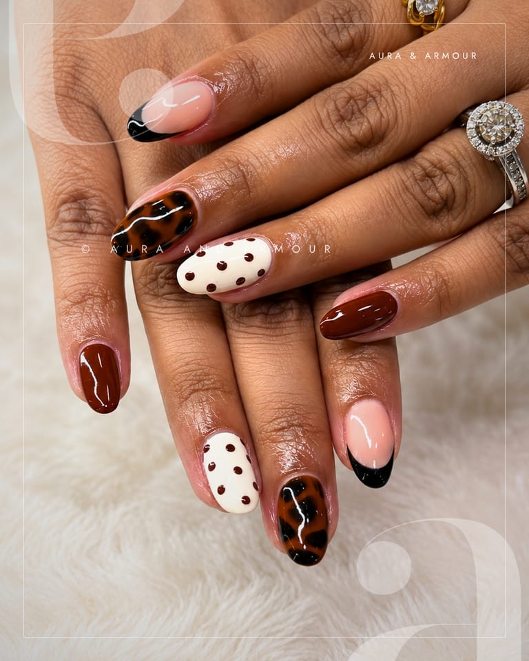 Tortoiseshell polka dot and brown french mix and match nails