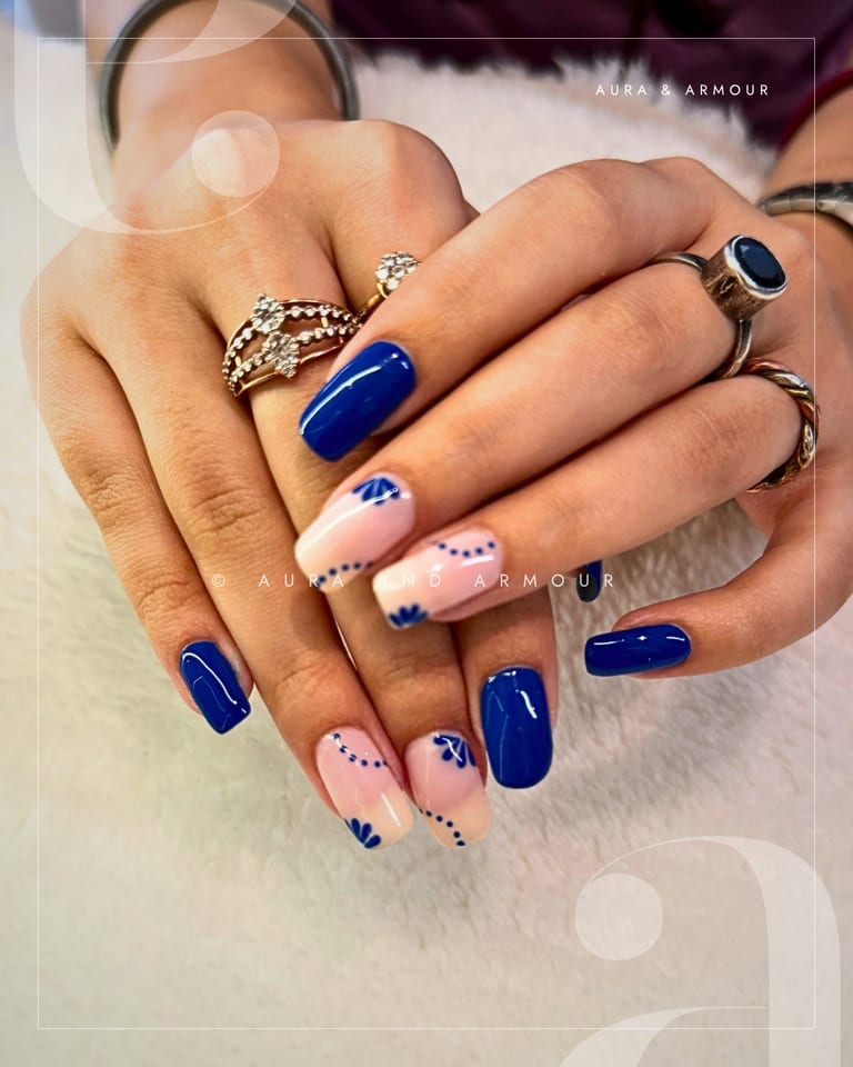 Cobalt blue gel with blue floral and dot accents
