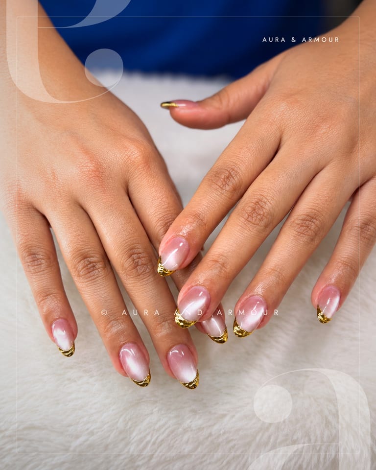 Milky ombre with gold chrome tips