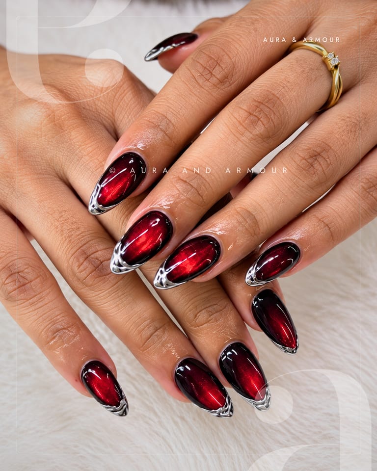 Red cat eye with silver chrome tips