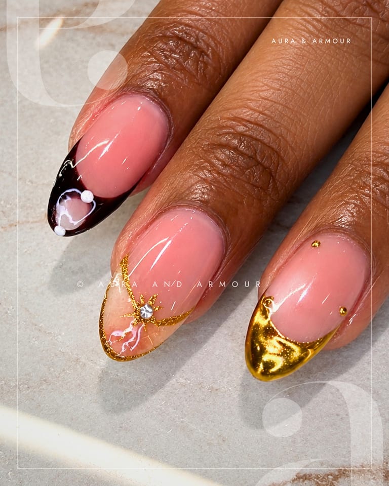 Nude pink with gold chrome and burgundy french tips