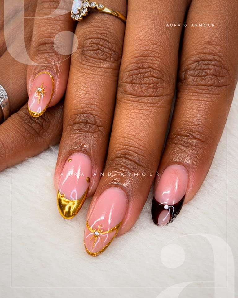 Nude pink with gold chrome and burgundy french tips
