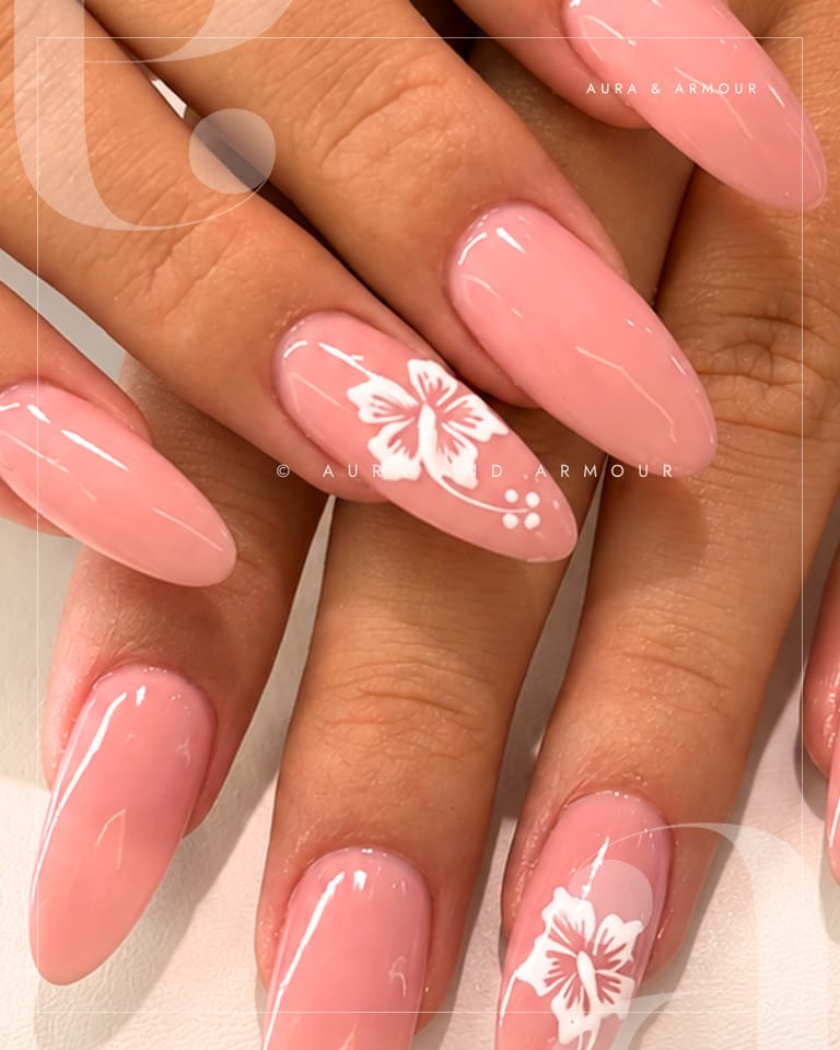 Peach pink gel with white hibiscus flower art