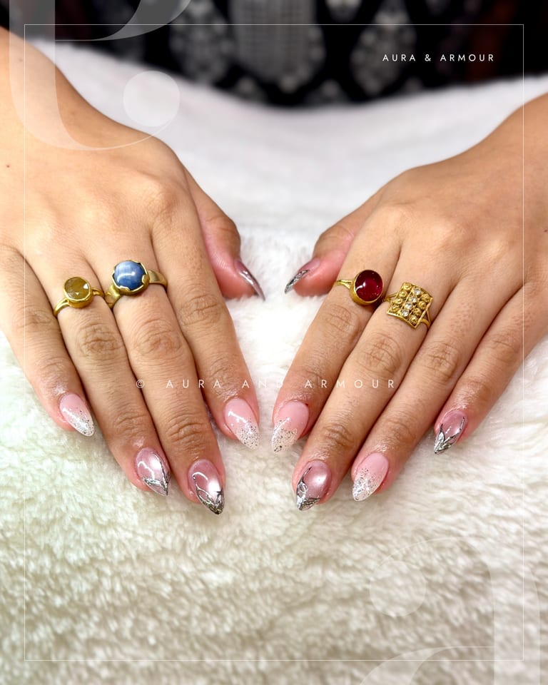 Nude pink with silver glitter french tips