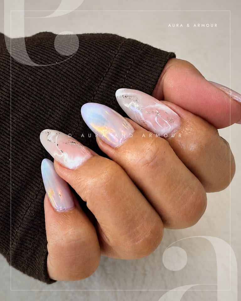 Milky aurora opal nails with gold foil