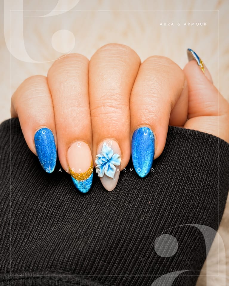 Blue velvet cat eye with 3d flower accent
