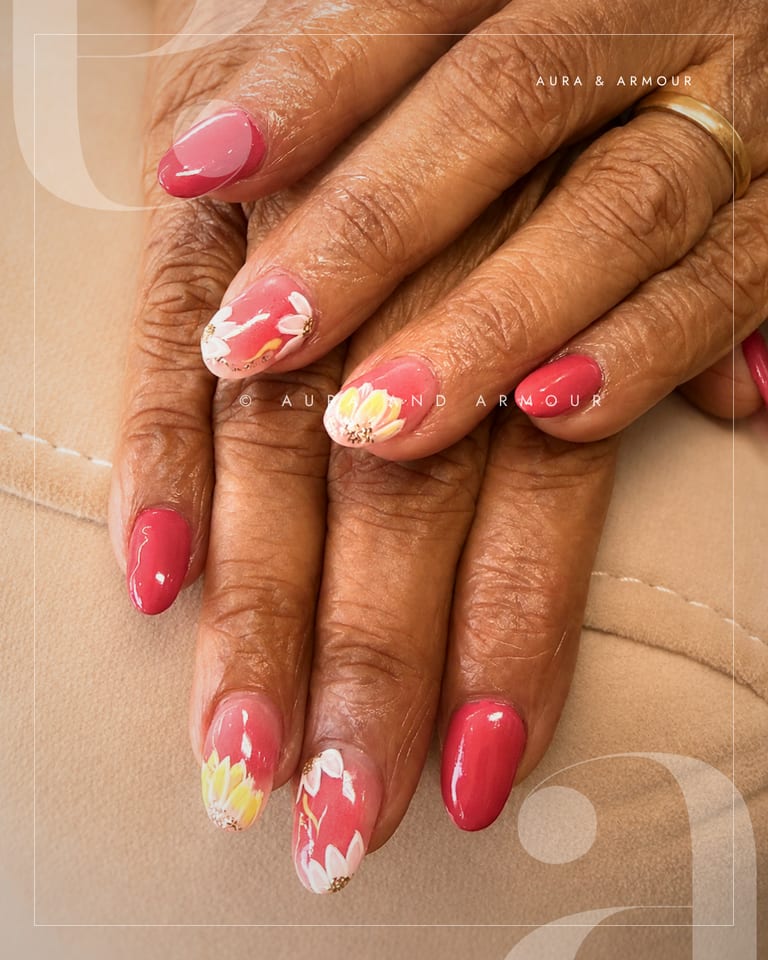 Coral pink gel with hand painted flowers