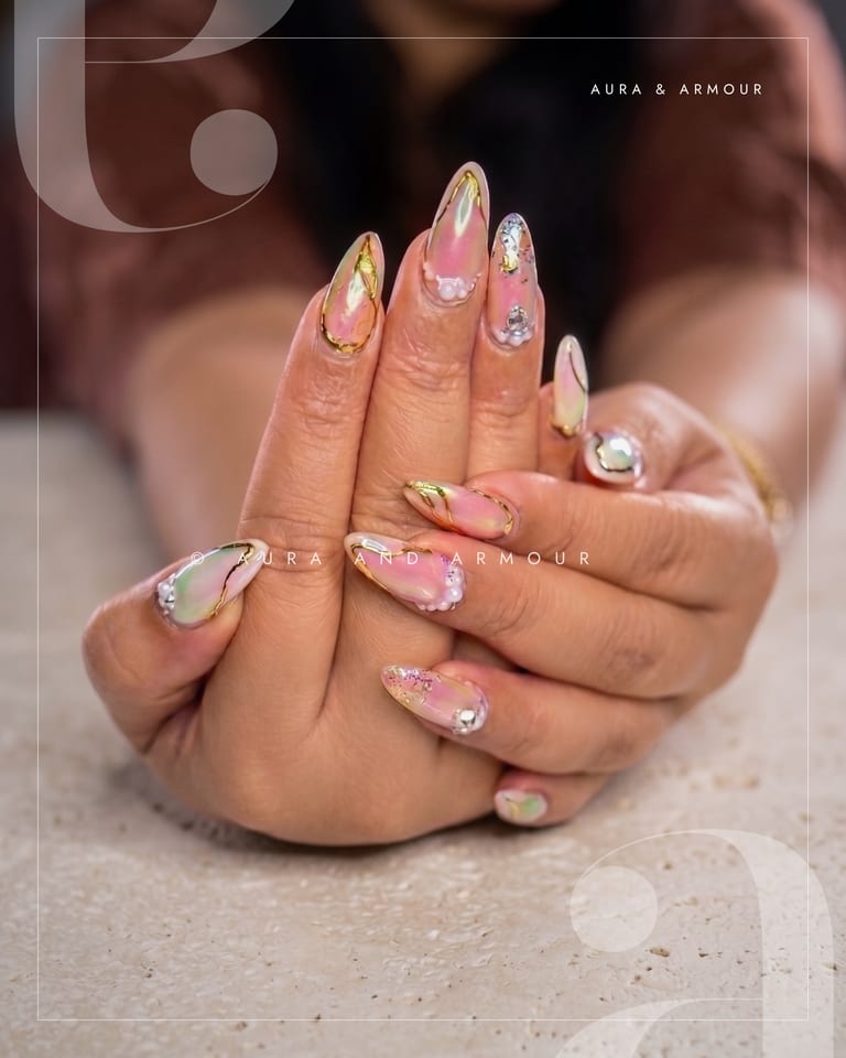 Nude almond with gold chrome lines and gems
